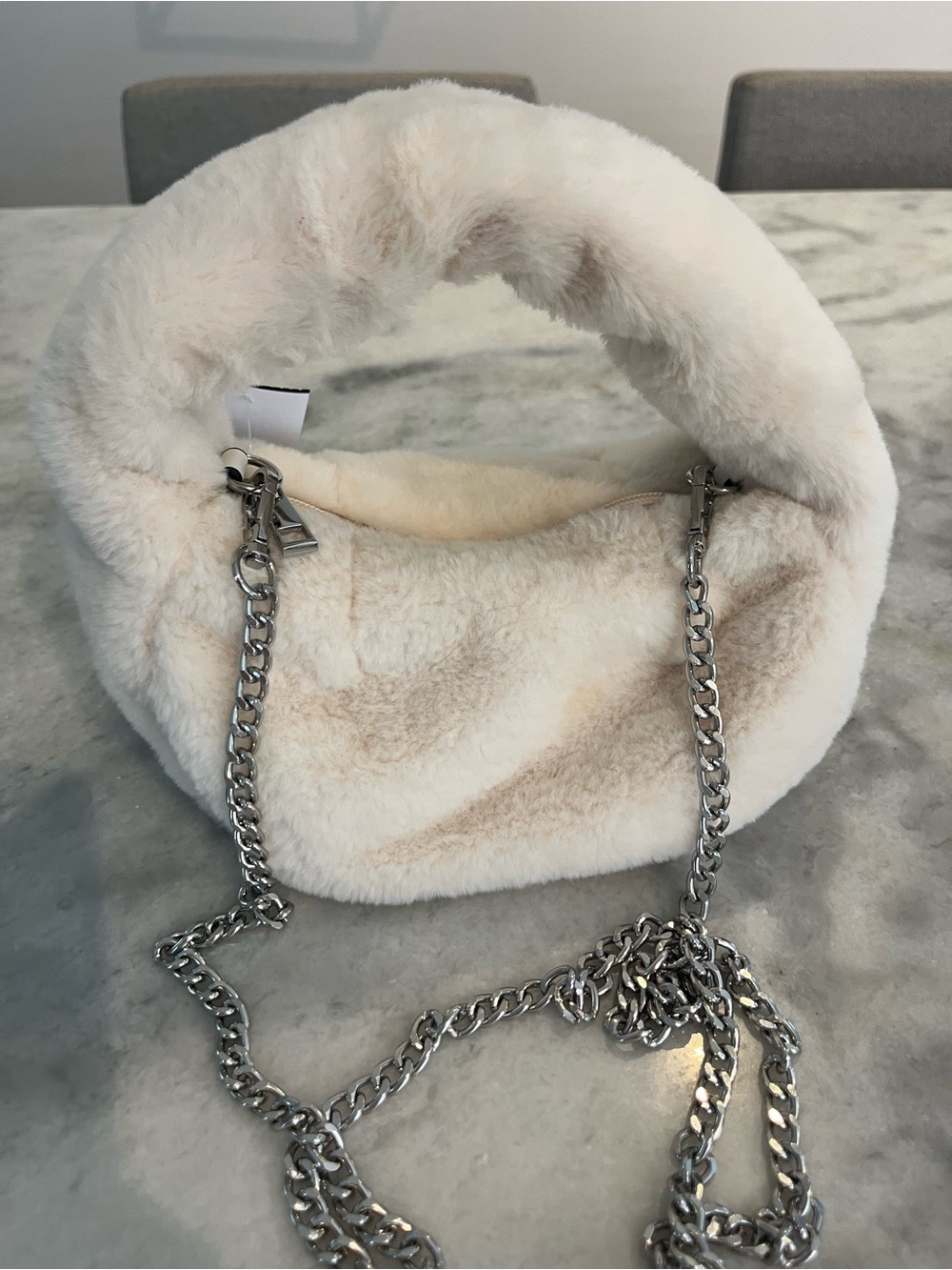 Teddy Faux-Fur Cream Shoulder Bag with Silver Chain